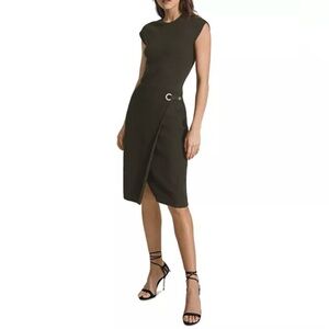 REISS Thea Slim Fit Faux Wrap Skirt Knit Dress, Gray/Green, Size M, NWOT